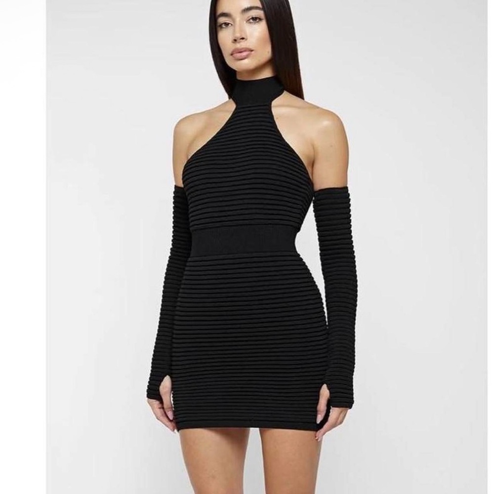 Maniere de Voir black Mini Black Ribbed Halter Bodycon Dress w/ Sleeves, M, NWT